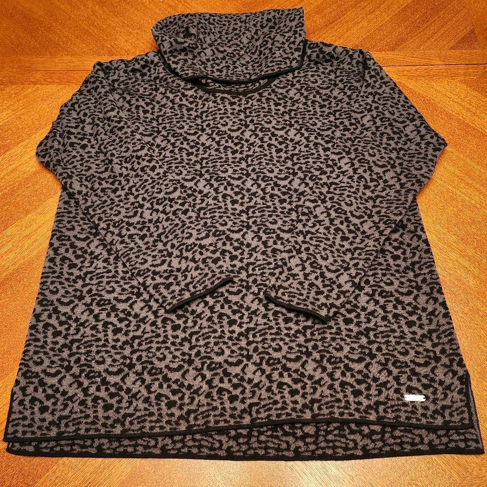 Women's Calvin Klein Gray Black Leopard Cowl Neck Sweater L B1